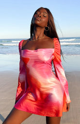 Marienne Pink Print Long Sleeve Mini Dress