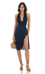 Satin Ruffle Slit Dress in Navy