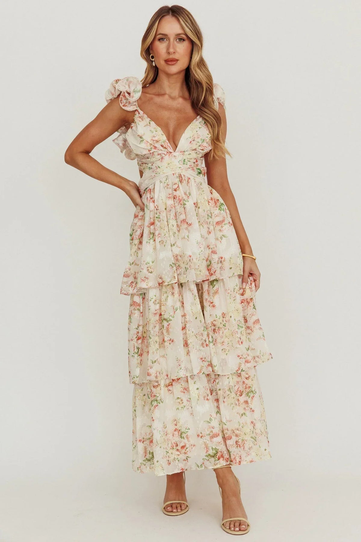 Roselle Backless Ruffle Maxi Dress Floral Multi