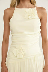 Brighten Drop Waist Flower Accent Maxi Dress Butter