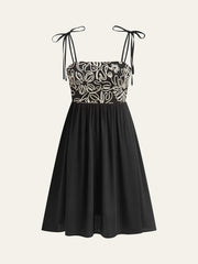 Embroidered Midi Dress With Tie-Up Straps