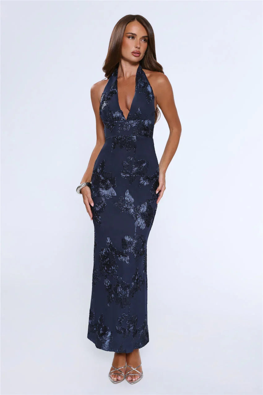 Lime Light Mesh Halter Maxi Dress Navy